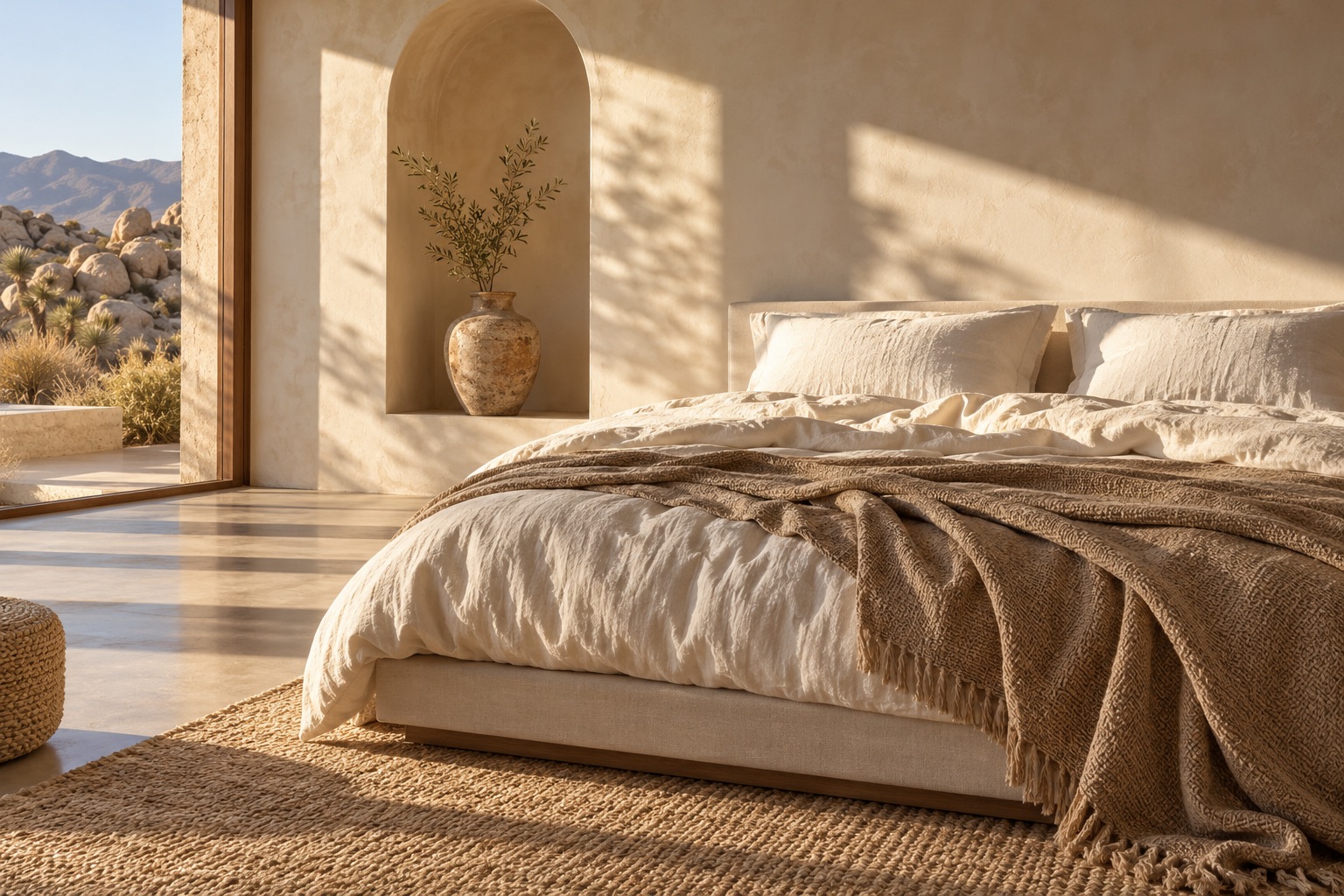 Illustrative desert-inspired bedroom with ivory linens